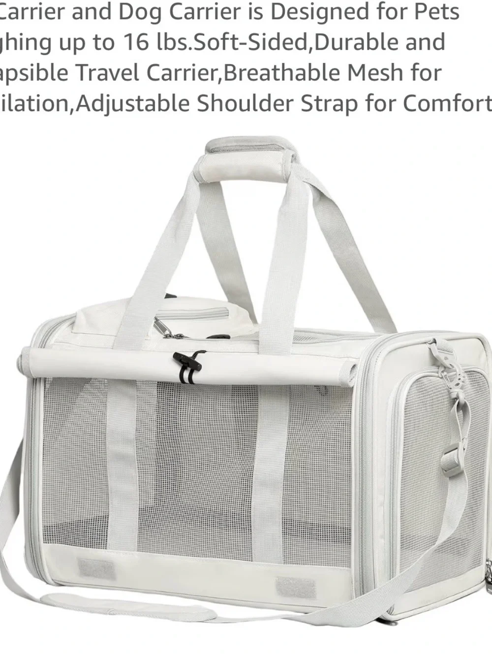 Soft-Sided White Cat & Small Dog Travel Carrier with Mesh Ventilation